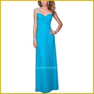 La Femme Peacock Blue Sleeveless Lace Gown | Dress